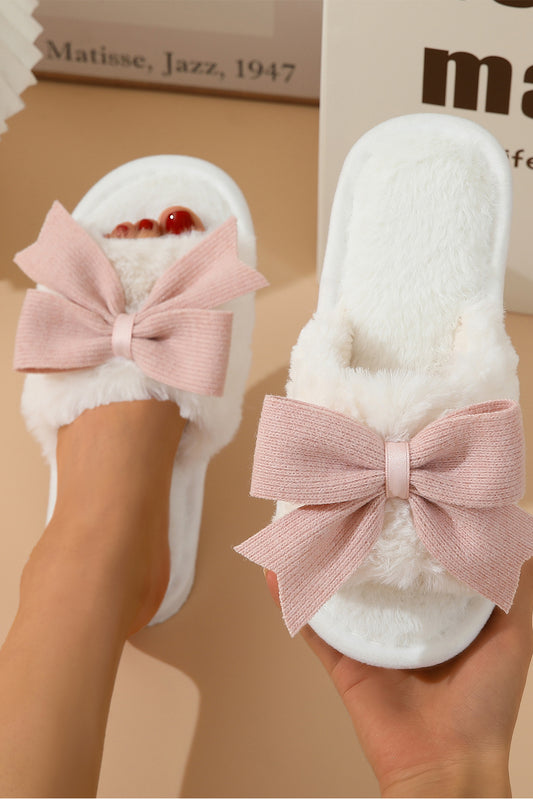 White Bow Plush Slippers