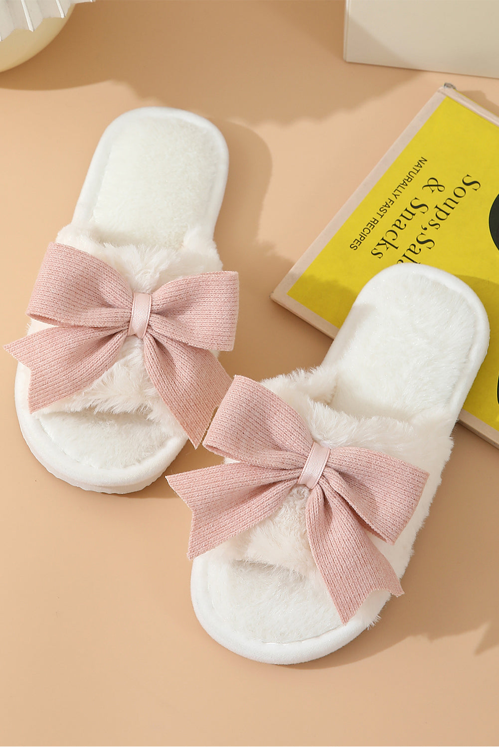 White Bow Plush Slippers