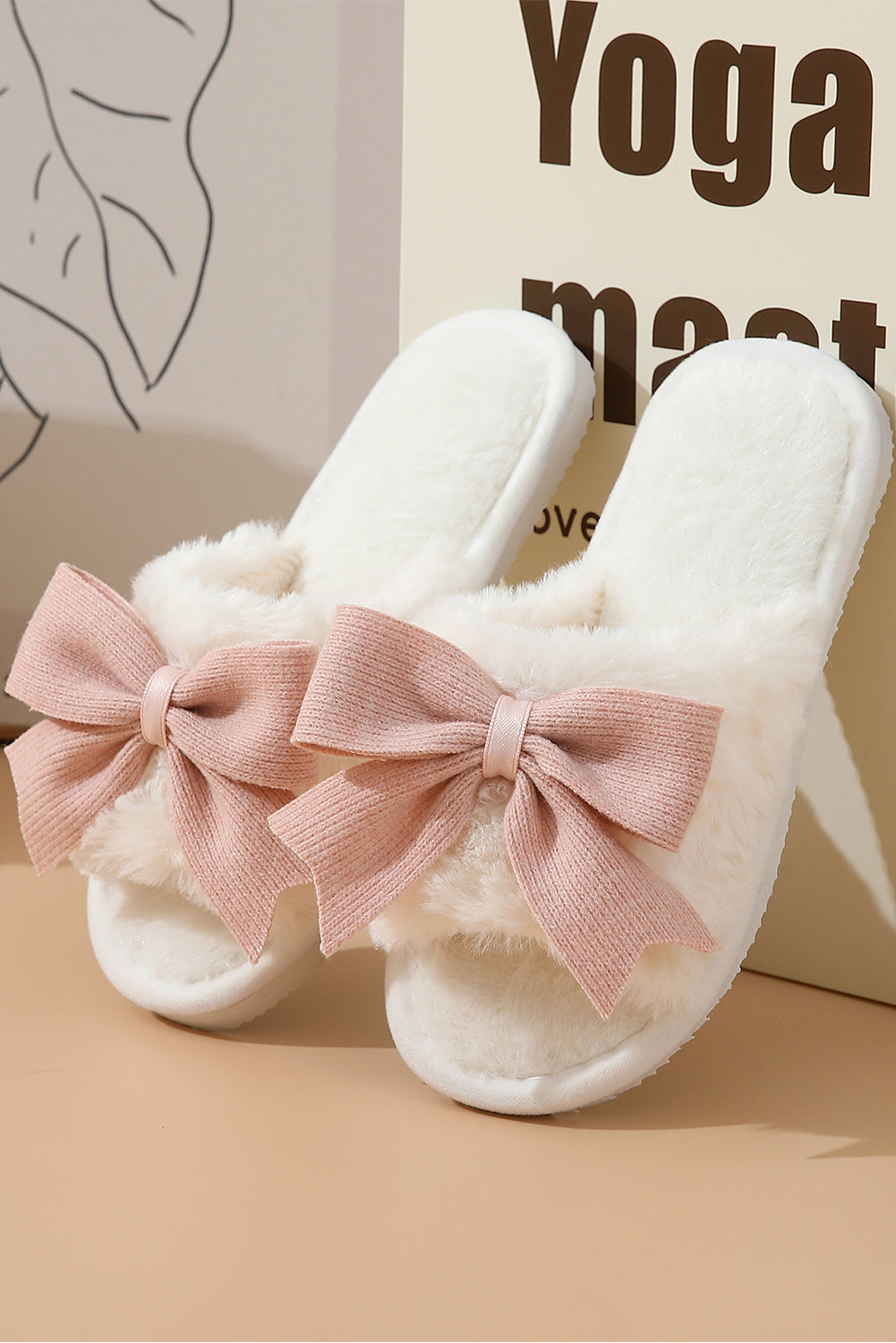 White Bow Plush Slippers