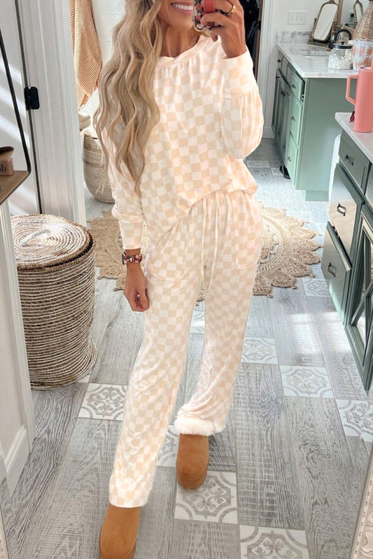 Beige Checkered Lounge Set